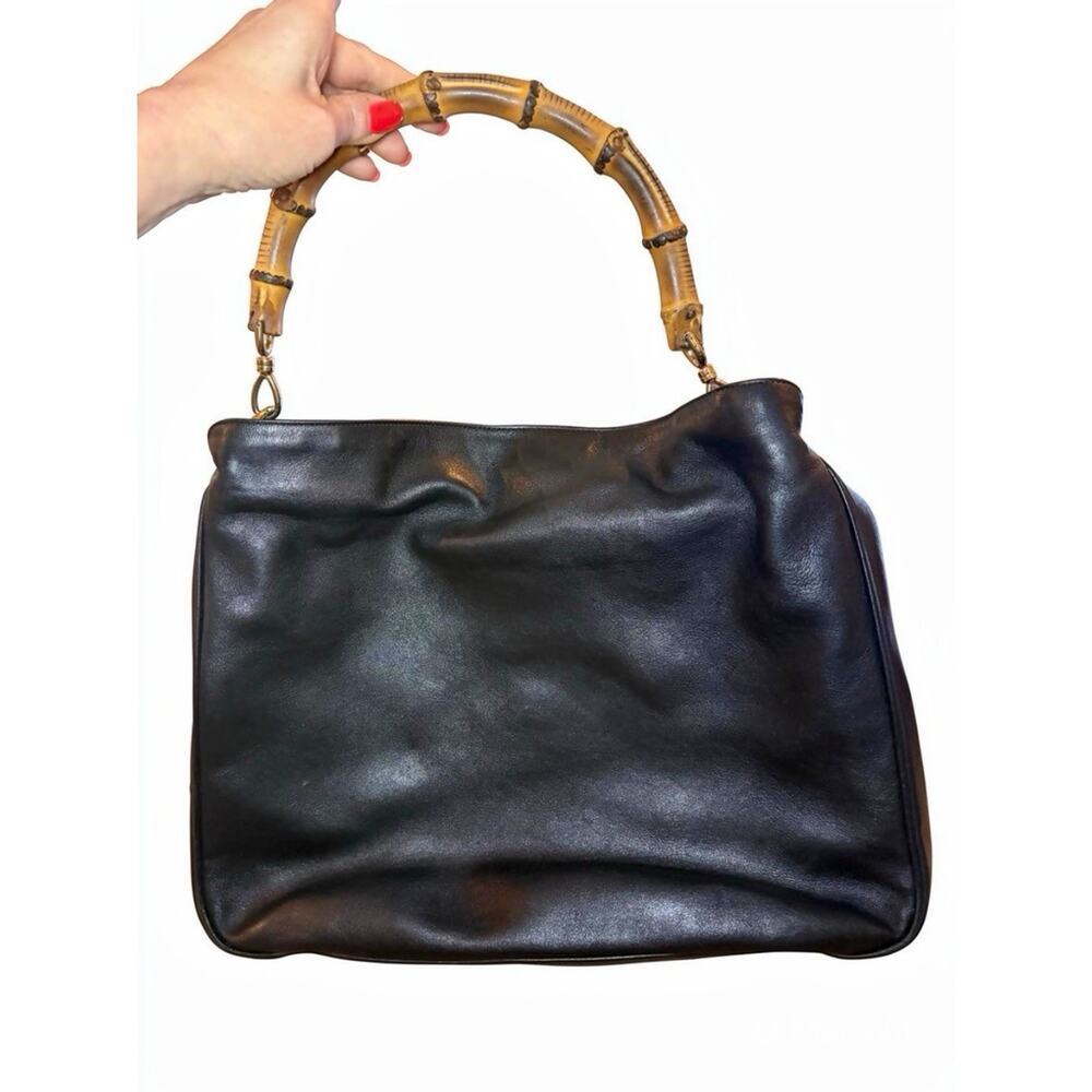 Authentic Vintage Gucci Black Leather Bamboo Handle Hobo Bag Shoulder Project